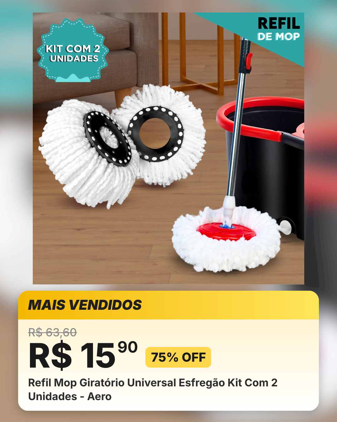 Refil Mop Giratório Universal Esfregão Kit Com 2 Unidades - Aero