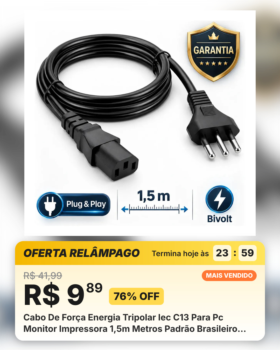 Cabo De Força Energia Tripolar Iec C13 Para Pc Monitor Impressora 1,5m Metros Padrão Brasileiro Bivolt 110v 220v... Preto 127/220v
