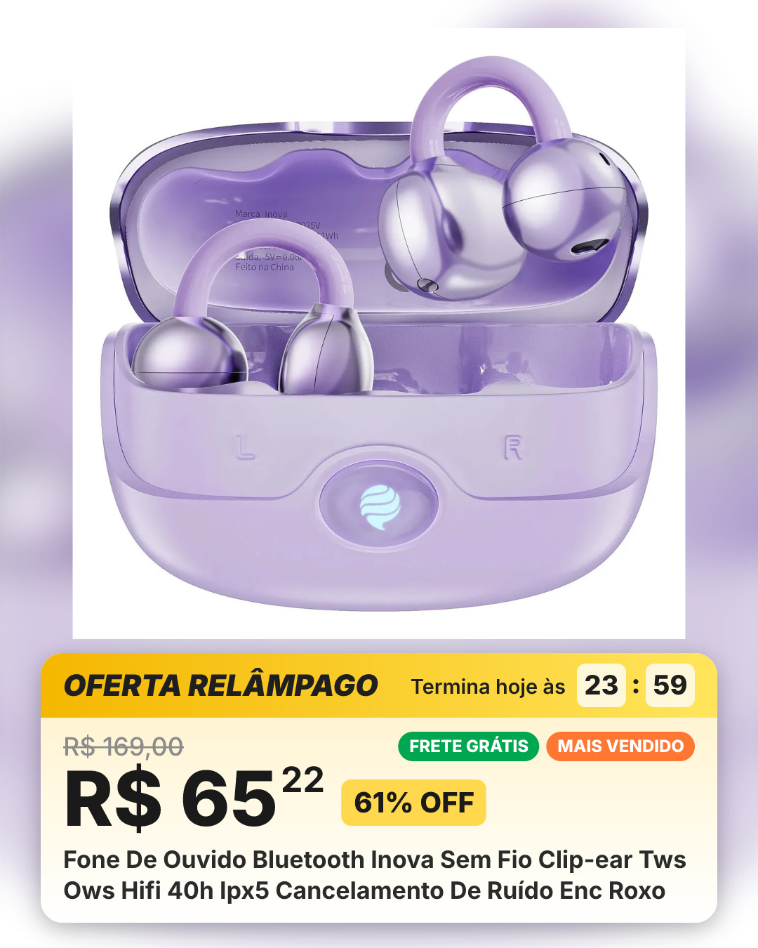 Fone De Ouvido Bluetooth Inova Sem Fio Clip-ear Tws Ows Hifi 40h Ipx5 Cancelamento De Ruído Enc Roxo