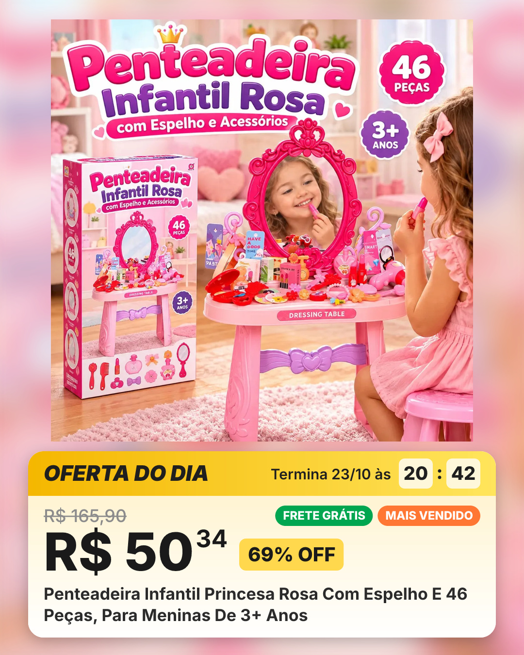 Penteadeira Infantil Princesa Rosa Com Espelho E 46 Peças, Para Meninas De 3+ Anos