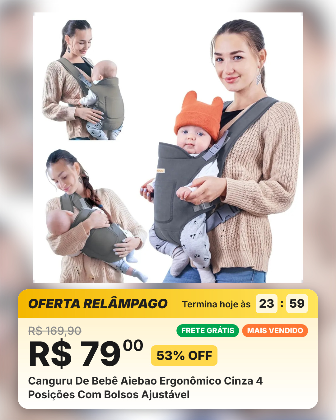 Canguru De Bebê Aiebao Ergonômico Cinza 4 Posições Com Bolsos Ajustável