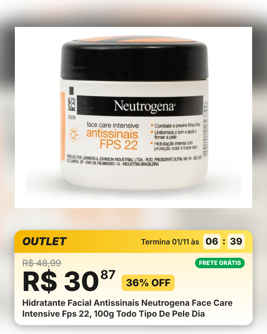 Hidratante Facial Antissinais Neutrogena Face Care Intensive Fps 22, 100g Todo Tipo De Pele Dia