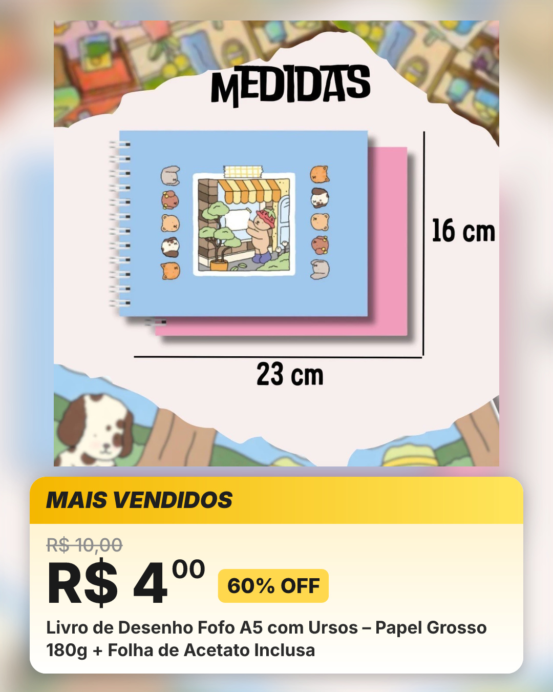 Livro de Desenho Fofo A5 com Ursos – Papel Grosso 180g + Folha de Acetato Inclusa