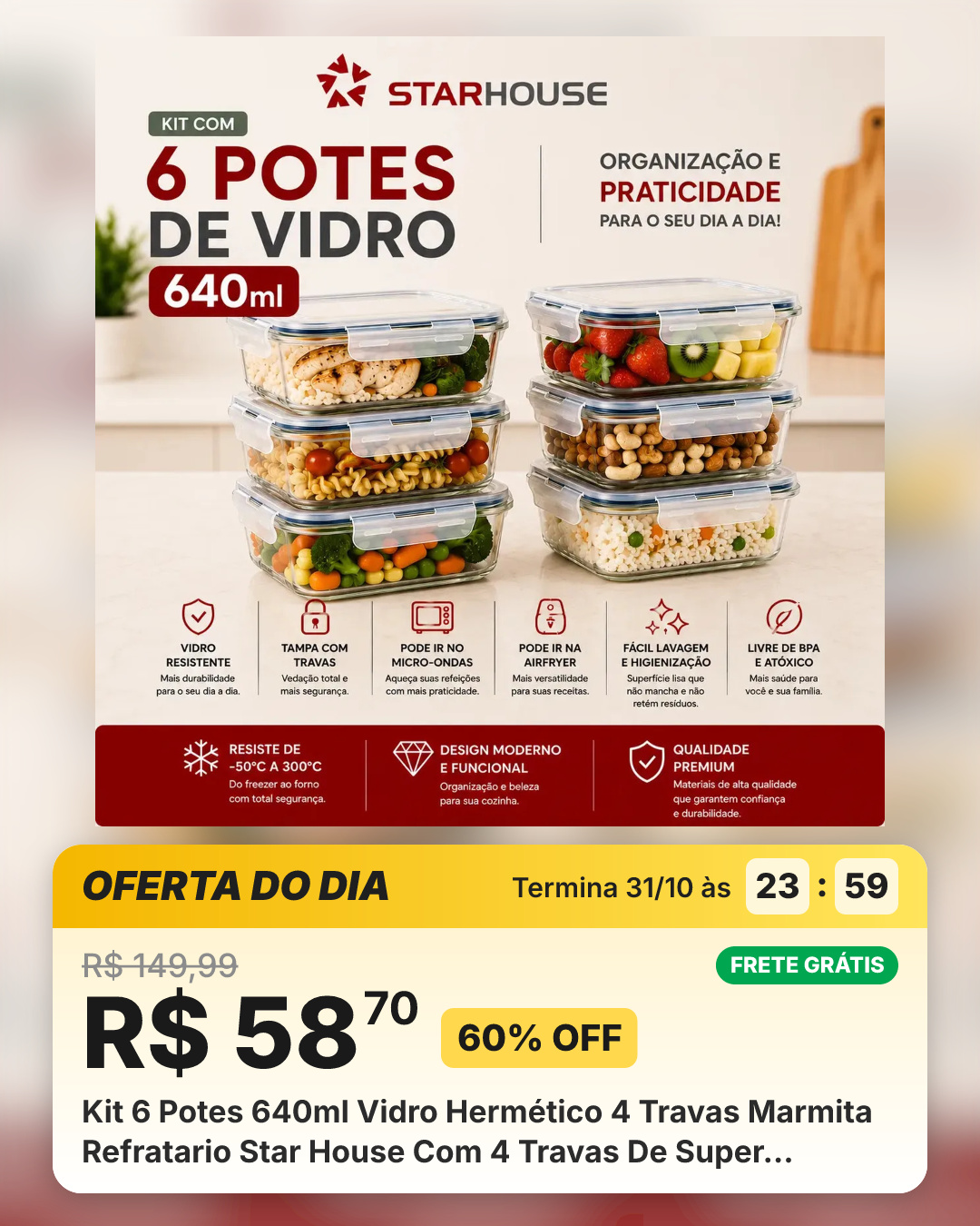 Kit 6 Potes 640ml Vidro Hermético 4 Travas Marmita Refratario Star House Com 4 Travas De Super Vedação Branco