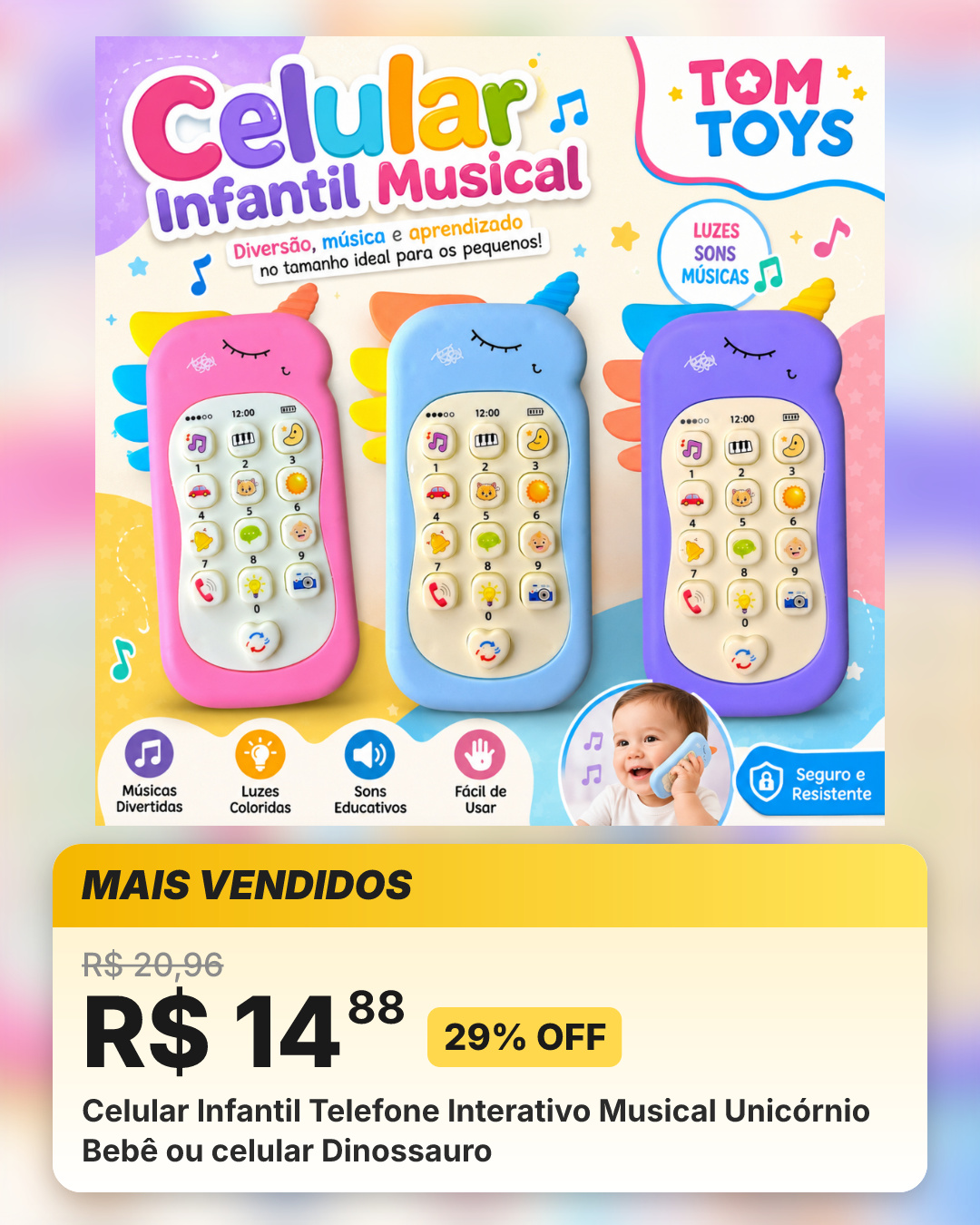 Celular Infantil Telefone Interativo Musical Unicórnio Bebê ou celular Dinossauro