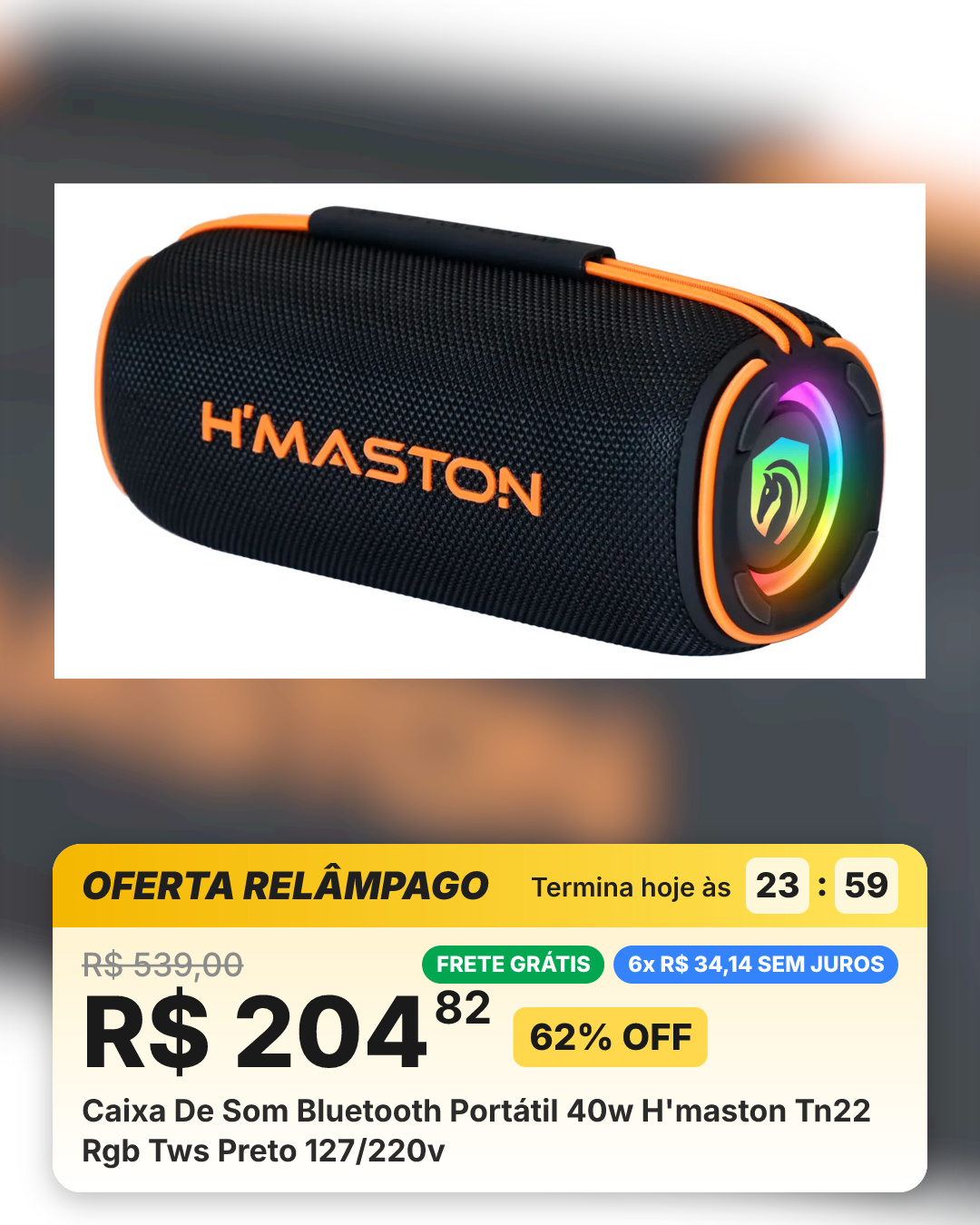 Caixa De Som Bluetooth Portátil 40w H'maston Tn22 Rgb Tws Preto 127/220v