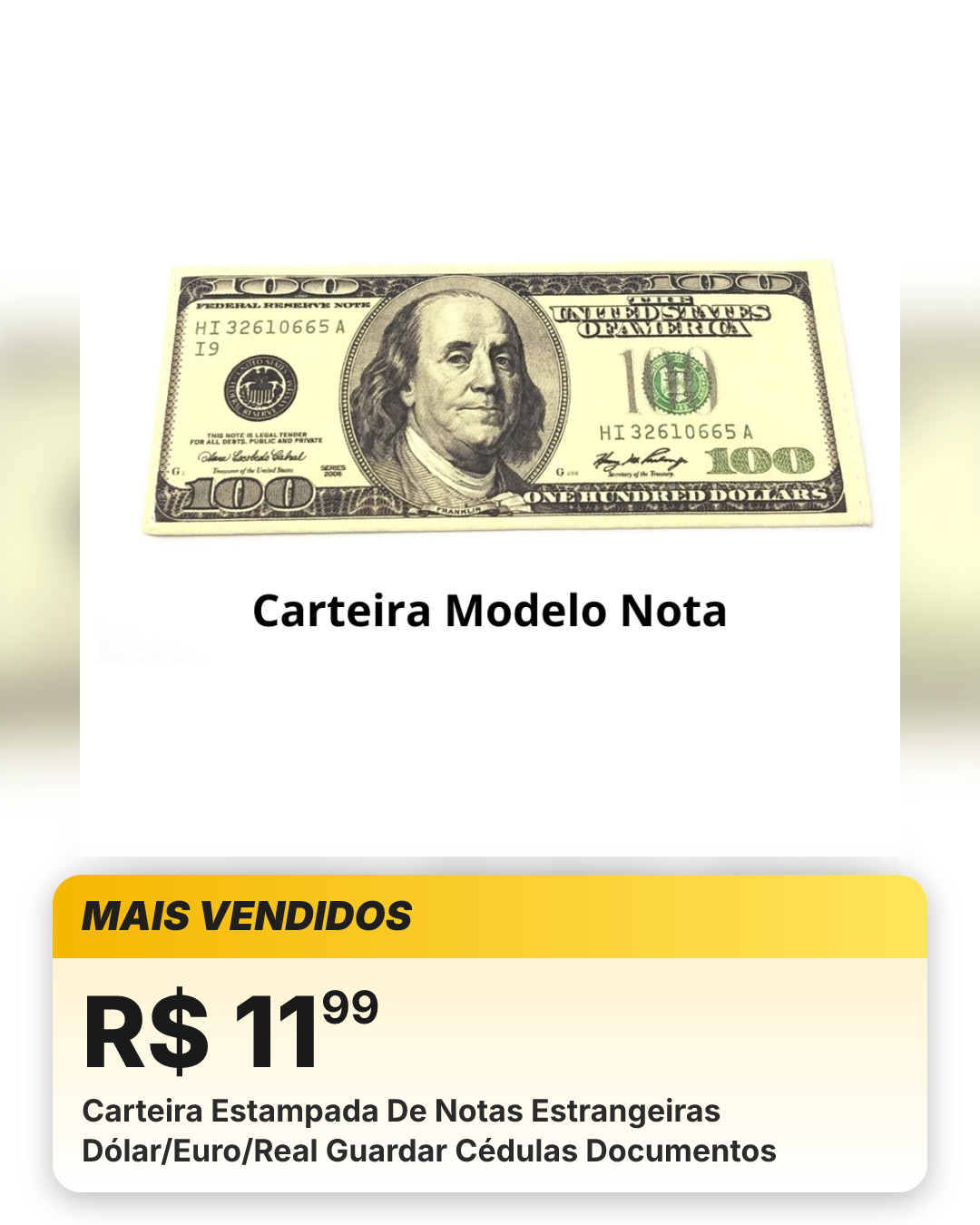 Carteira Estampada De Notas Estrangeiras Dólar/Euro/Real Guardar Cédulas Documentos
