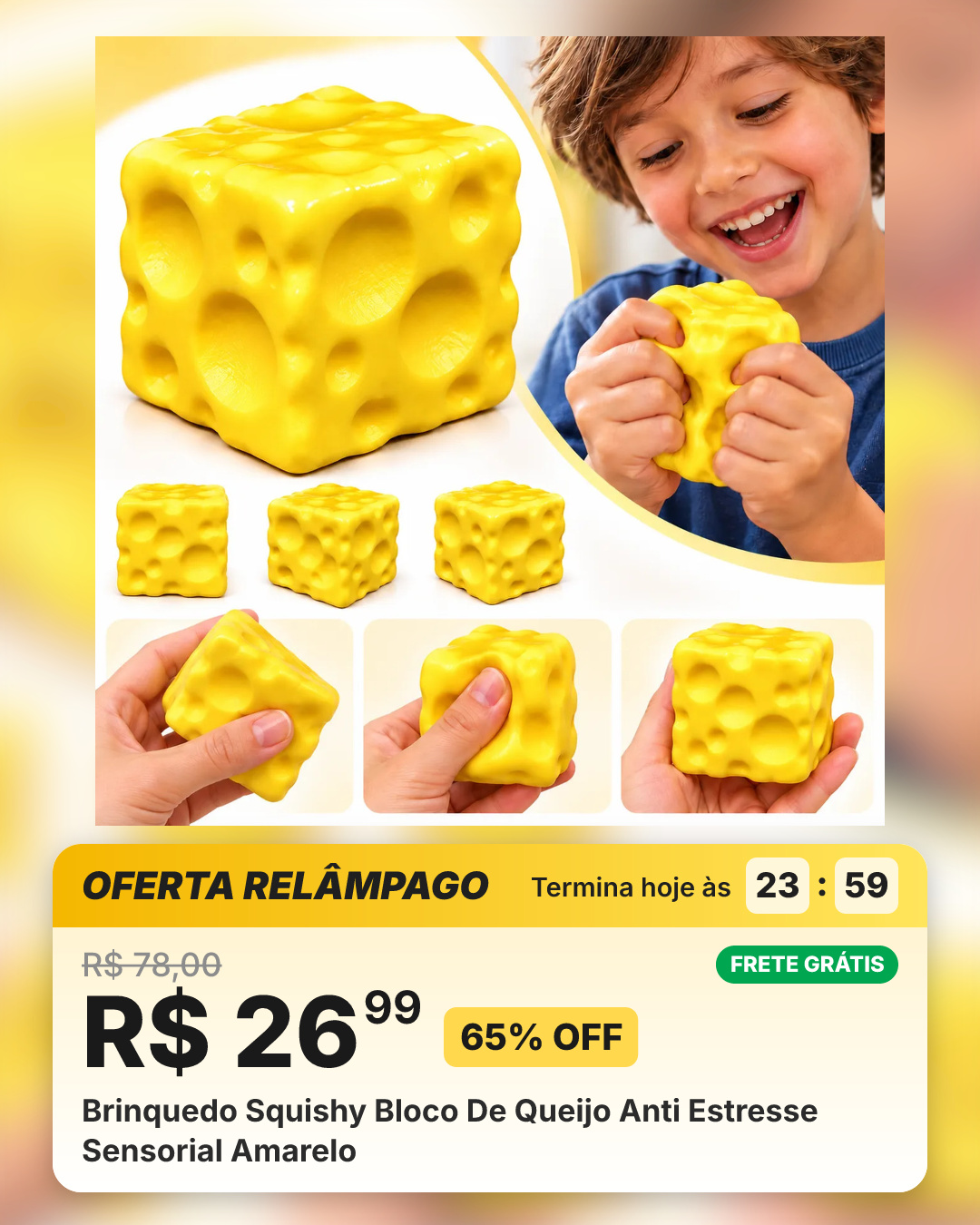 Brinquedo Squishy Bloco De Queijo Anti Estresse Sensorial Amarelo