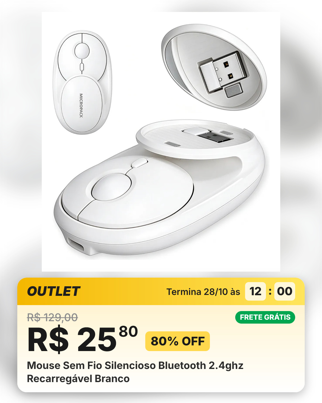 Mouse Sem Fio Silencioso Bluetooth 2.4ghz Recarregável Branco