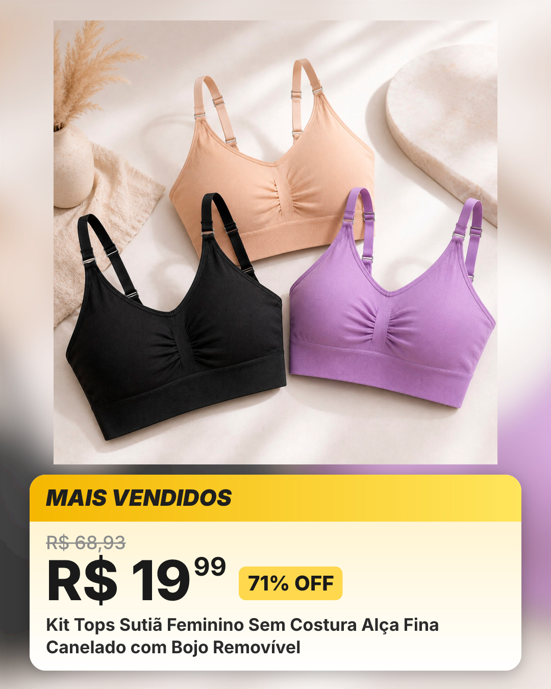 Kit Tops Sutiã Feminino Sem Costura Alça Fina Canelado com Bojo Removível