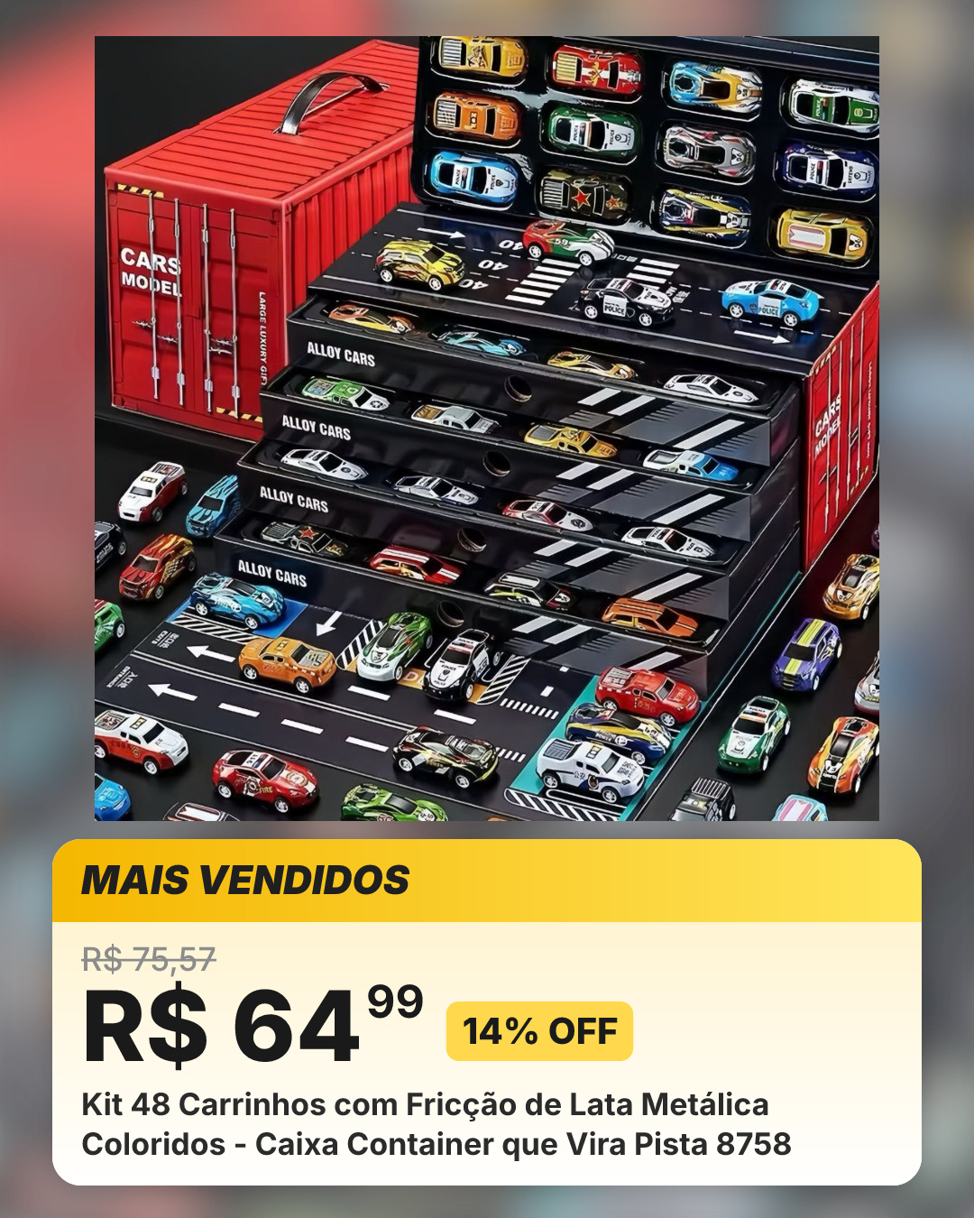 Kit 48 Carrinhos com Fricção de Lata Metálica Coloridos - Caixa Container que Vira Pista 8758