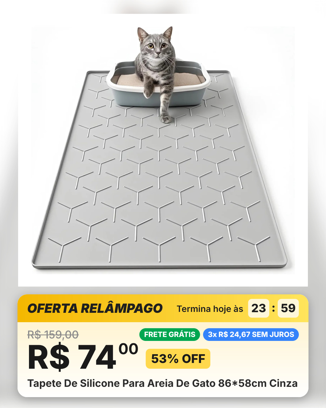 Tapete De Silicone Para Areia De Gato 86*58cm Cinza