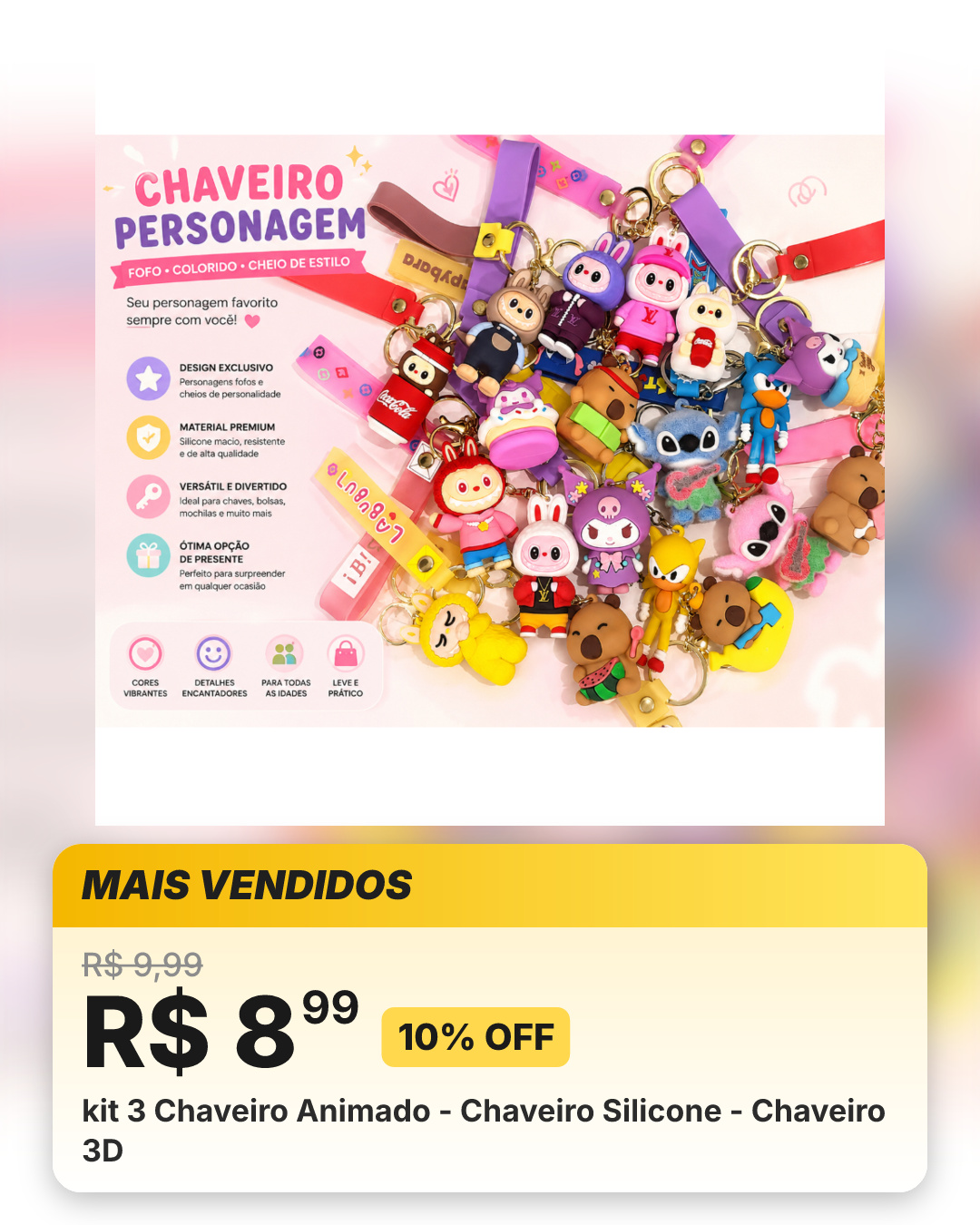 kit 3 Chaveiro Animado - Chaveiro Silicone - Chaveiro 3D