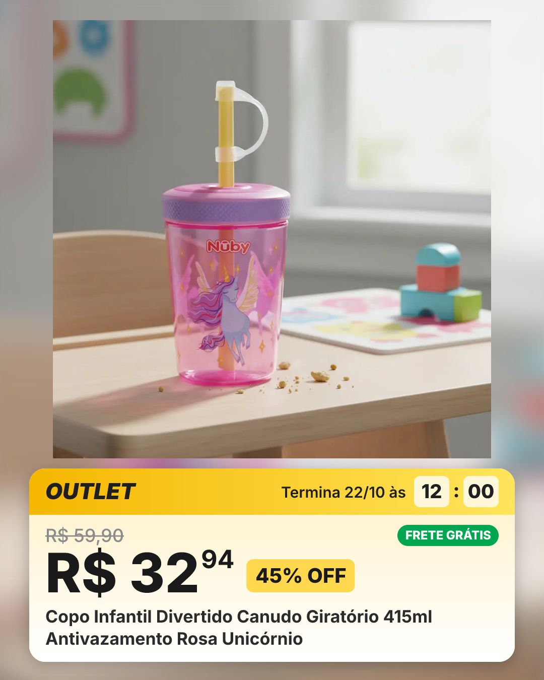 Copo Infantil Divertido Canudo Giratório 415ml Antivazamento Rosa Unicórnio