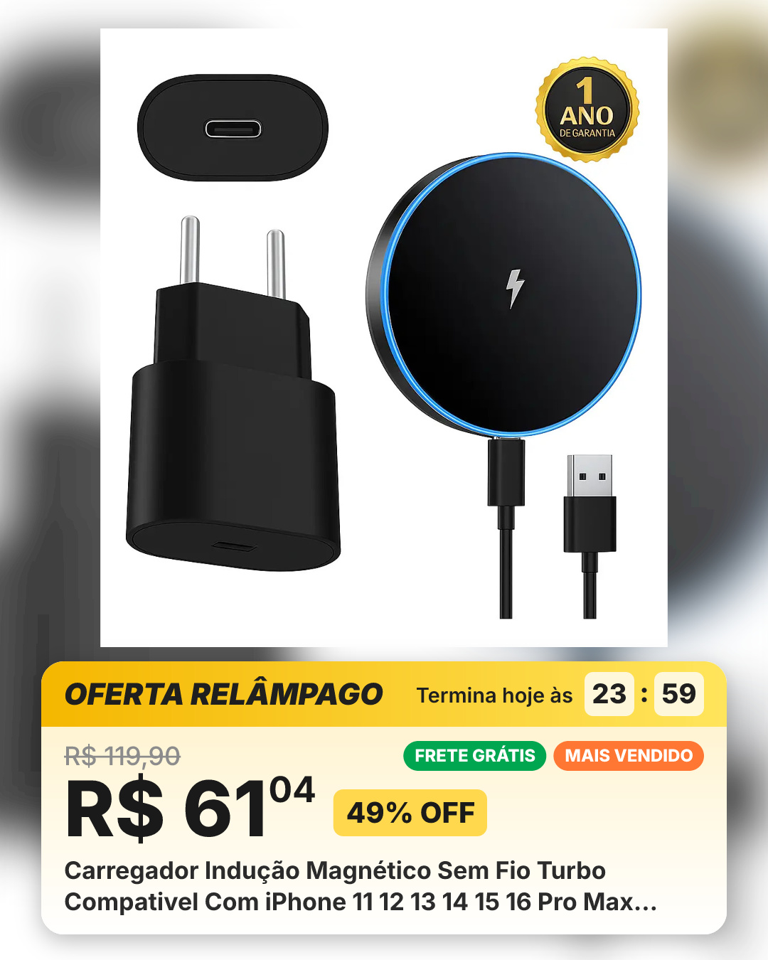 Carregador Indução Magnético Sem Fio Turbo Compativel Com iPhone 11 12 13 14 15 16 Pro Max Samsung Galaxy S25 S24 S23 S22 S21 S20 Fe Ultra Xiaomi Motorola Preto Dtimp
