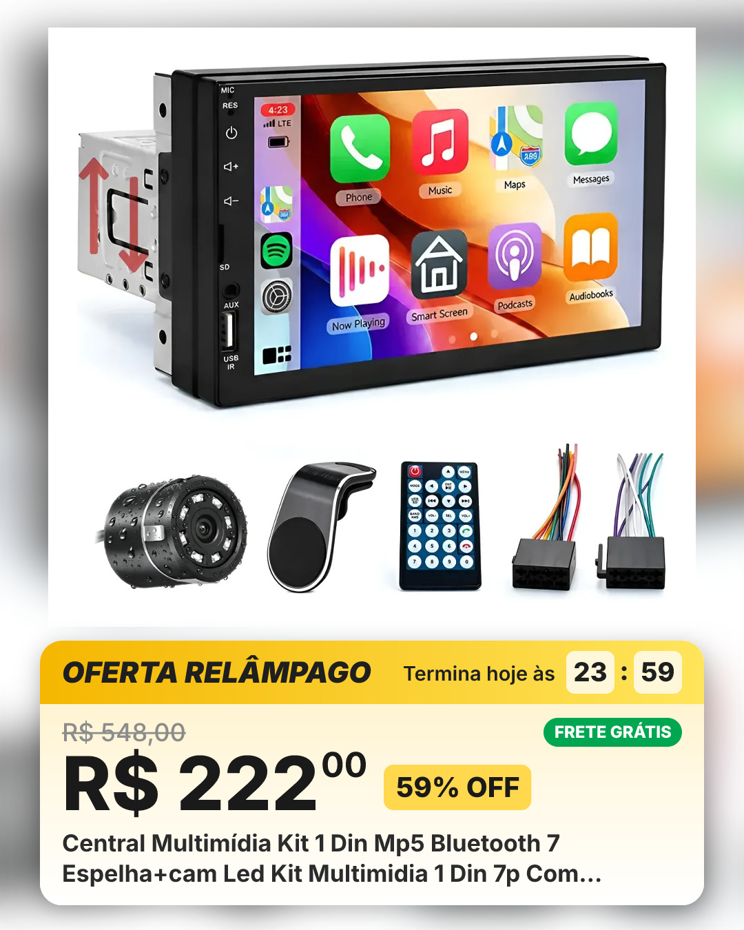 Central Multimídia Kit 1 Din Mp5 Bluetooth 7 Espelha+cam Led Kit Multimidia 1 Din 7p Com Câmera De Ré Leds E Suporte Para Celular Automotivo