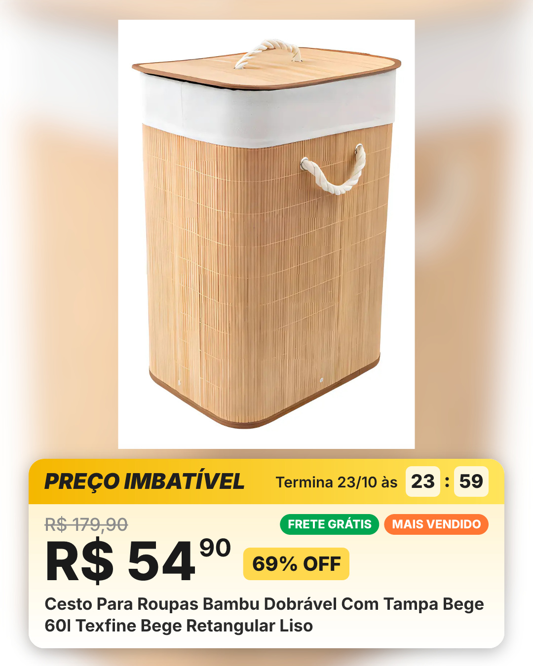 Cesto Para Roupas Bambu Dobrável Com Tampa Bege 60l Texfine Bege Retangular Liso
