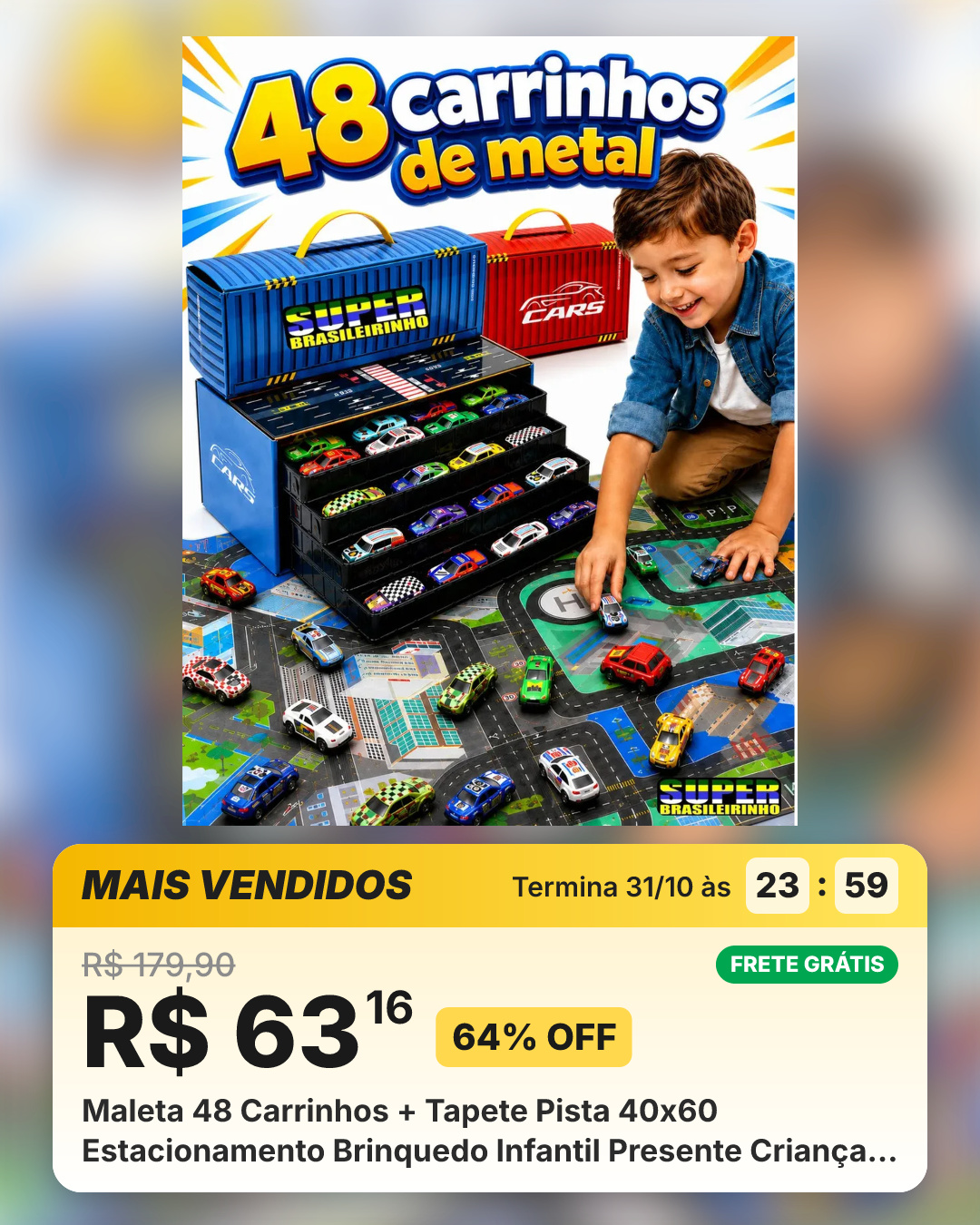 Maleta 48 Carrinhos + Tapete Pista 40x60 Estacionamento Brinquedo Infantil Presente Criança - Super Brasileirinho Azul/vermelho