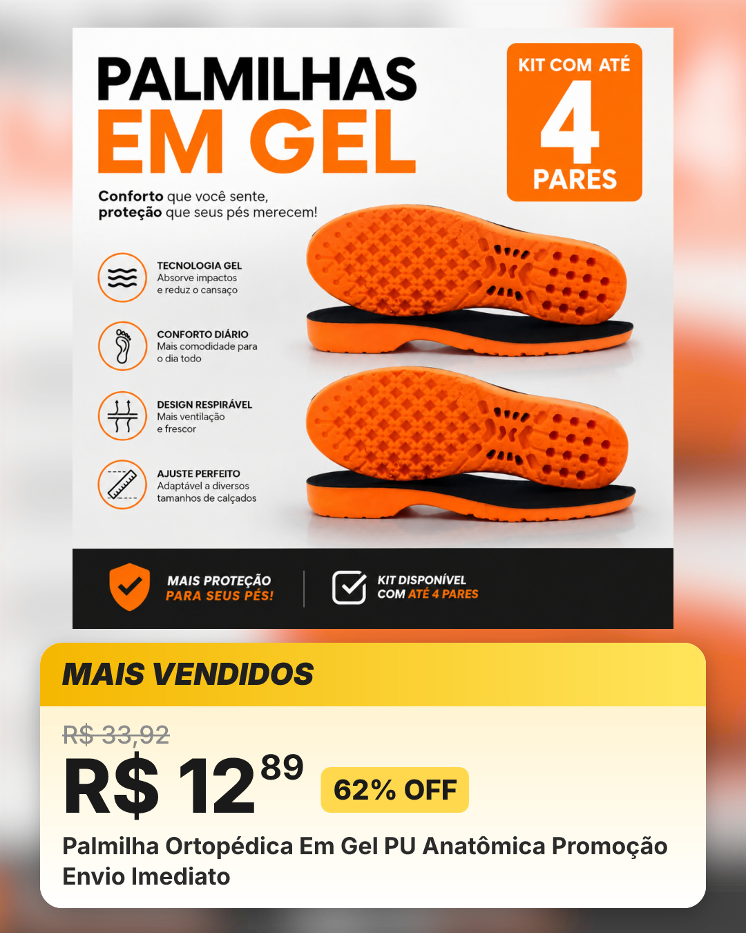 Palmilha Ortopédica Em Gel PU Anatômica Promoção Envio Imediato
