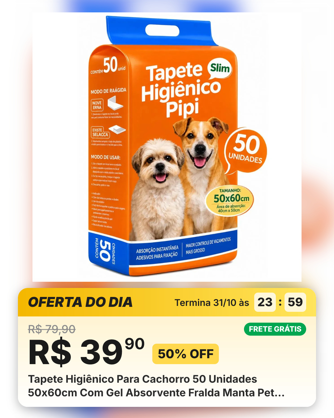 Tapete Higiênico Para Cachorro 50 Unidades 50x60cm Com Gel Absorvente Fralda Manta Pet Cão Branco