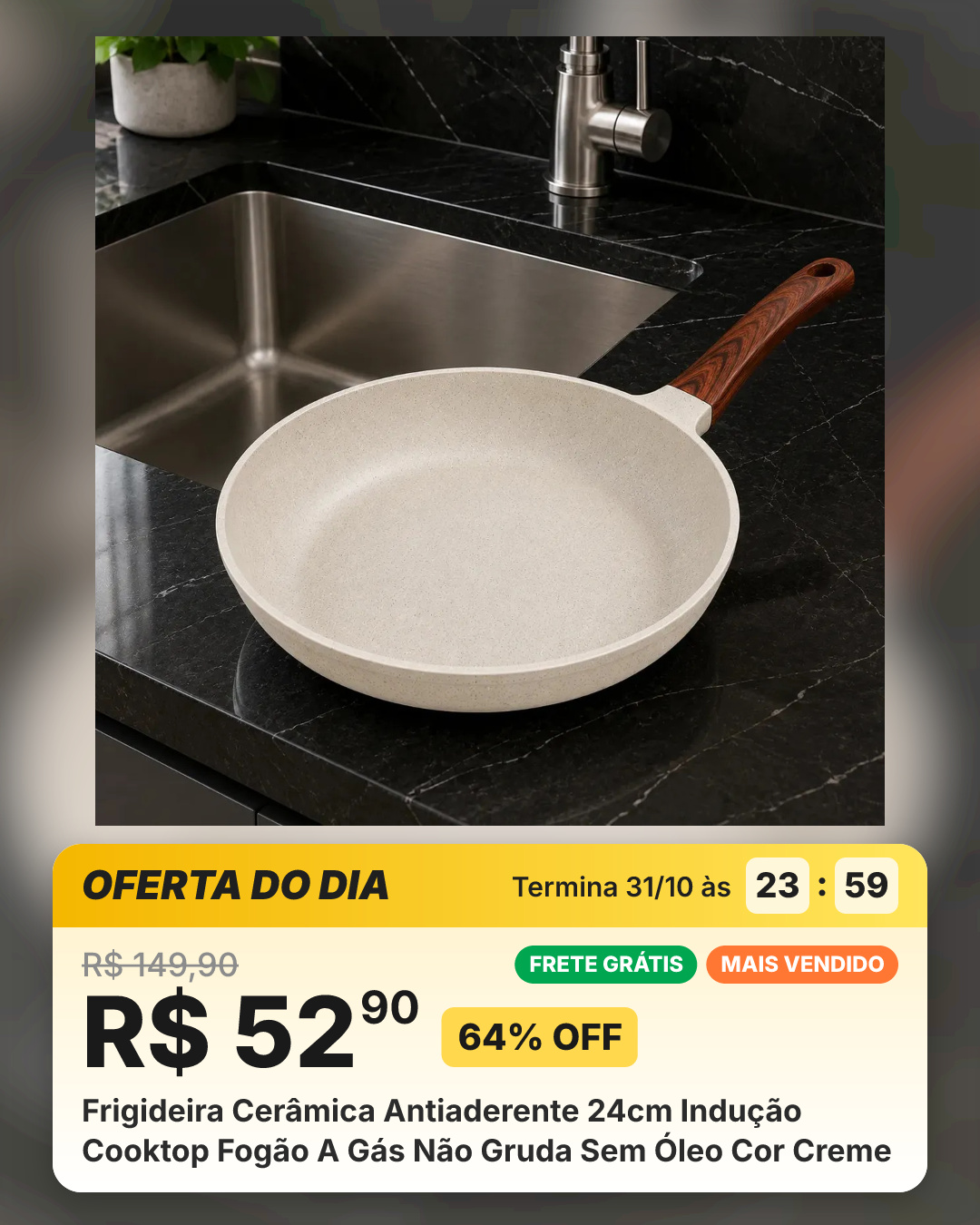 Frigideira Cerâmica Antiaderente 24cm Indução Cooktop Fogão A Gás Não Gruda Sem Óleo Cor Creme