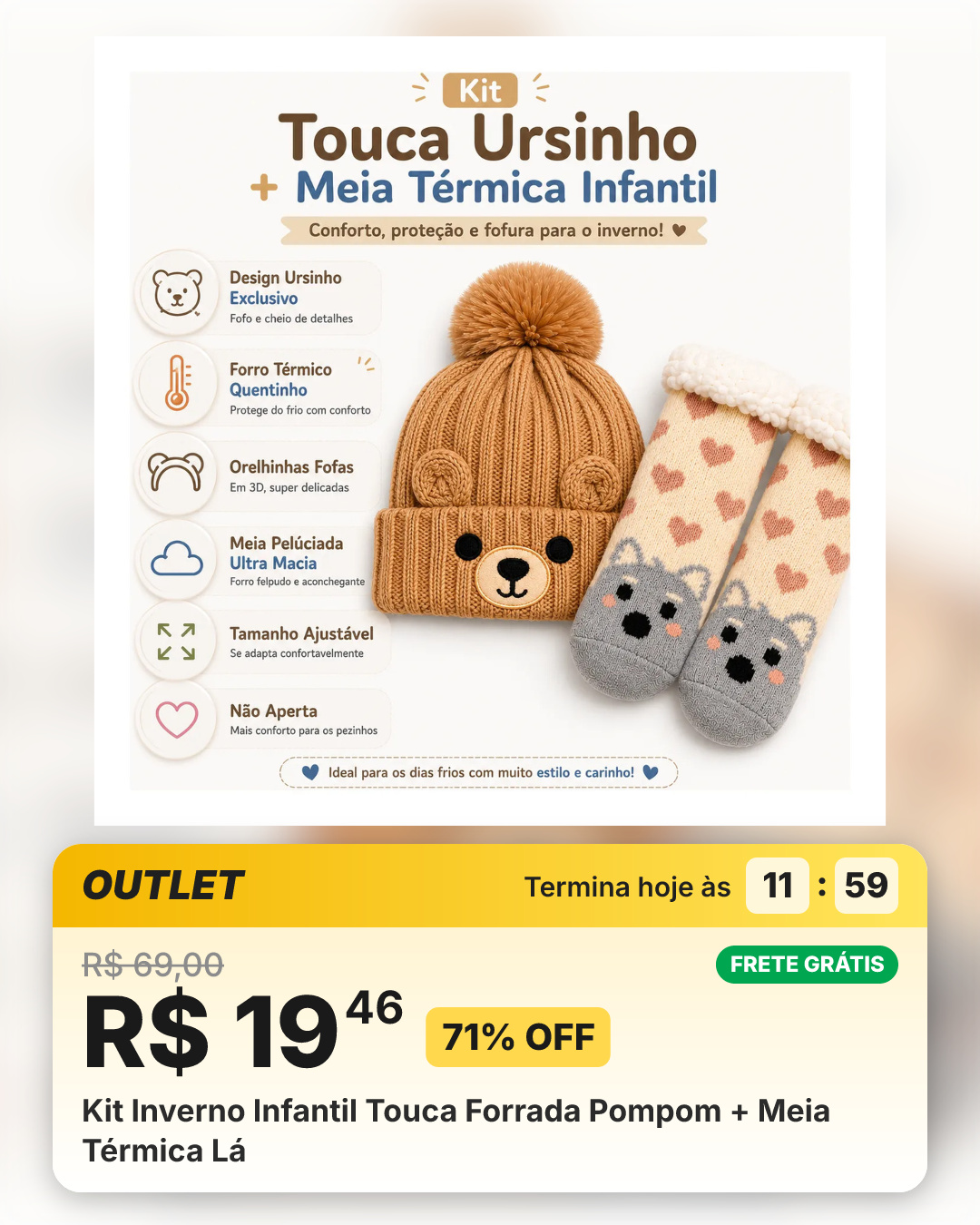 Kit Inverno Infantil Touca Forrada Pompom + Meia Térmica Lá