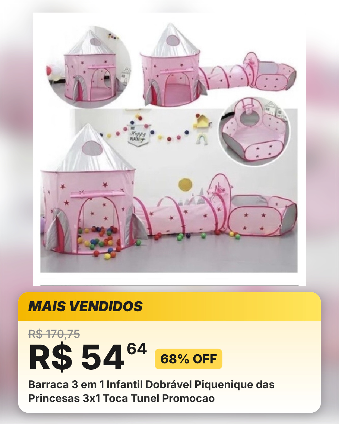 Barraca 3 em 1 Infantil Dobrável Piquenique das Princesas 3x1 Toca Tunel Promocao