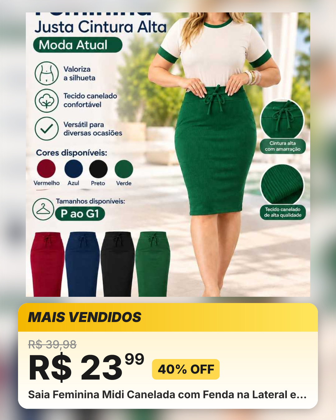 Saia Feminina Midi Canelada com Fenda na Lateral e…