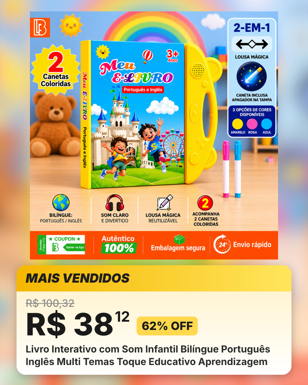 Livro Interativo com Som Infantil Bilíngue Português Inglês Multi Temas Toque Educativo Aprendizagem