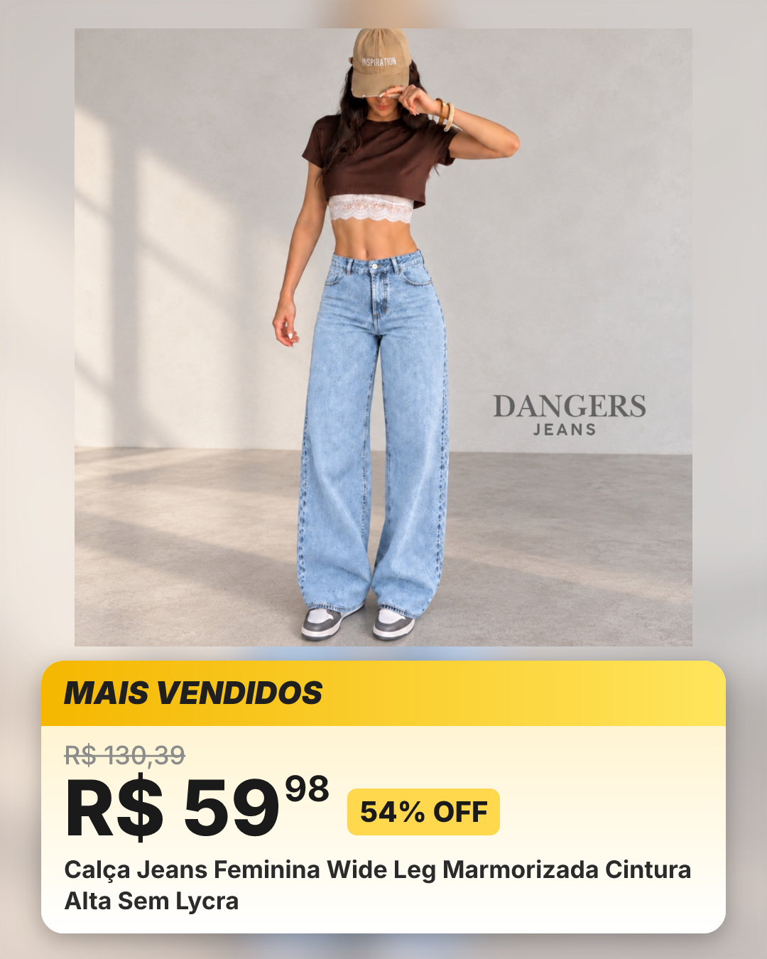 Calça Jeans Feminina Wide Leg Marmorizada Cintura Alta Sem Lycra