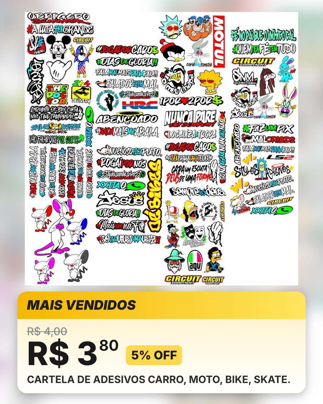 CARTELA DE ADESIVOS CARRO, MOTO, BIKE, SKATE.