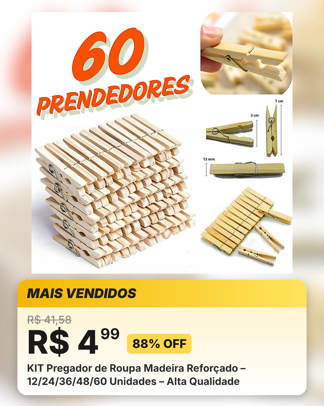 KIT Pregador de Roupa Madeira Reforçado – 12/24/36/48/60 Unidades – Alta Qualidade