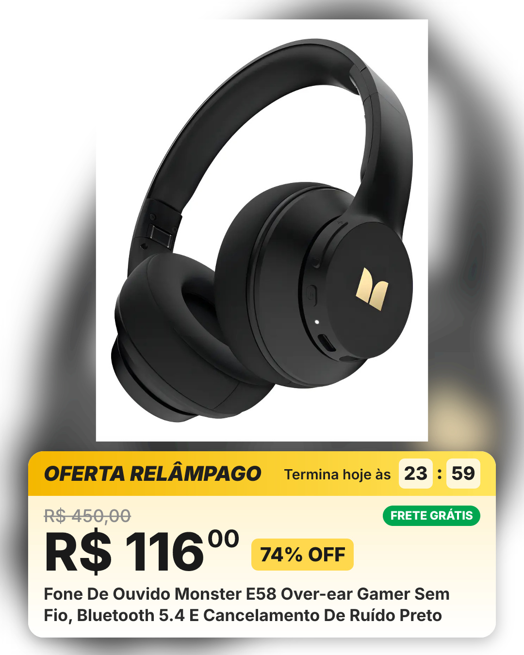 Fone De Ouvido Monster E58 Over-ear Gamer Sem Fio, Bluetooth 5.4 E Cancelamento De Ruído Preto