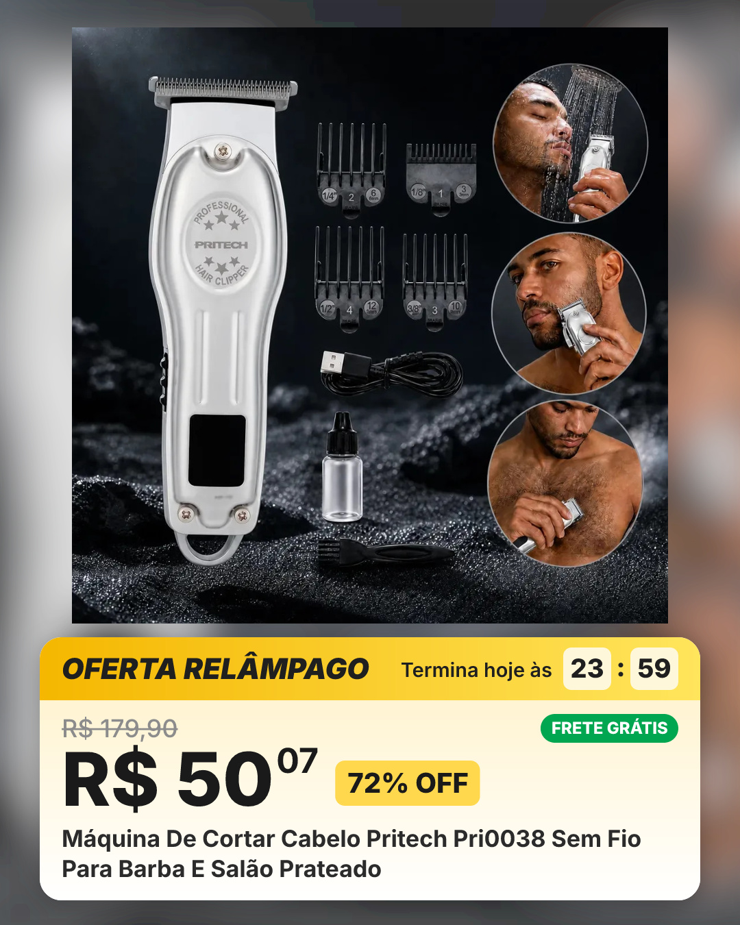 Máquina De Cortar Cabelo Pritech Pri0038 Sem Fio Para Barba E Salão Prateado
