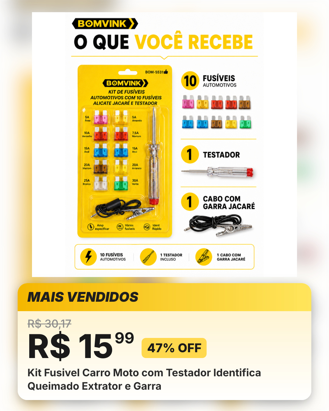 Kit Fusivel Carro Moto com Testador Identifica Queimado Extrator e Garra