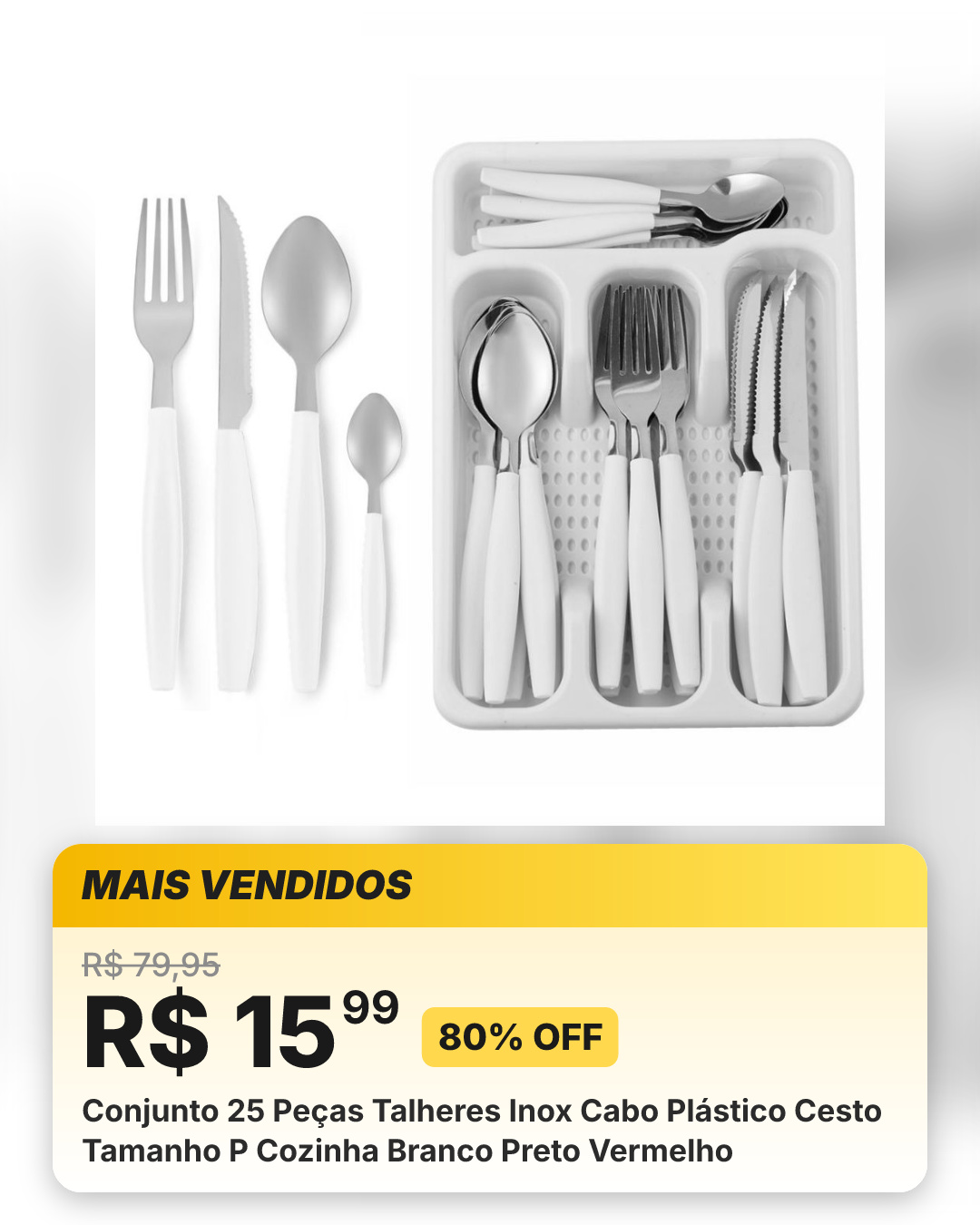 Conjunto 25 Peças Talheres Inox Cabo Plástico Cesto Tamanho P Cozinha Branco Preto Vermelho