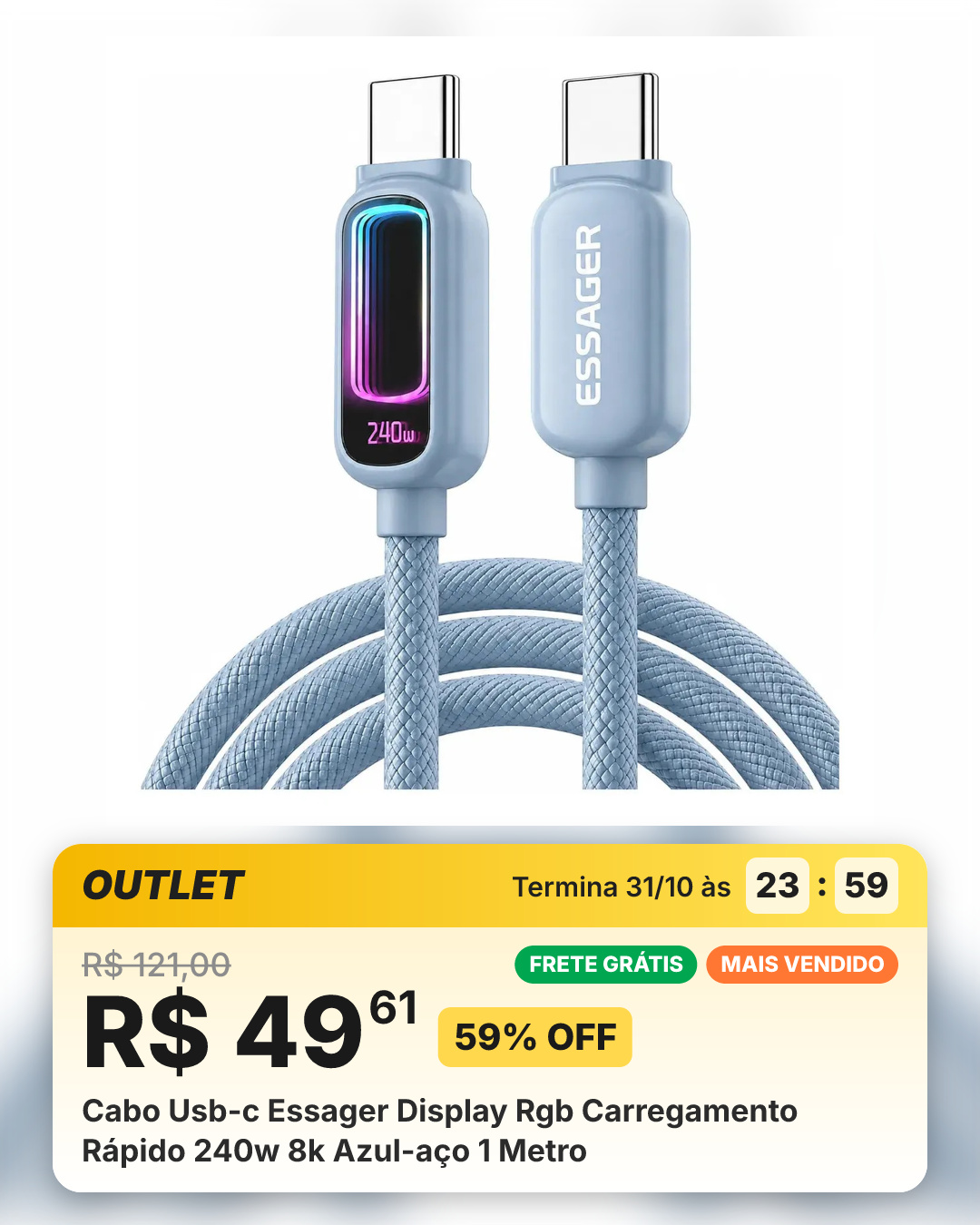 Cabo Usb-c Essager Display Rgb Carregamento Rápido 240w 8k Azul-aço 1 Metro