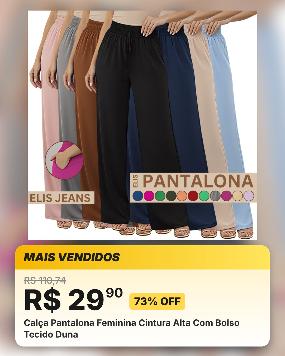 Calça Pantalona Feminina Cintura Alta Com Bolso Tecido Duna
