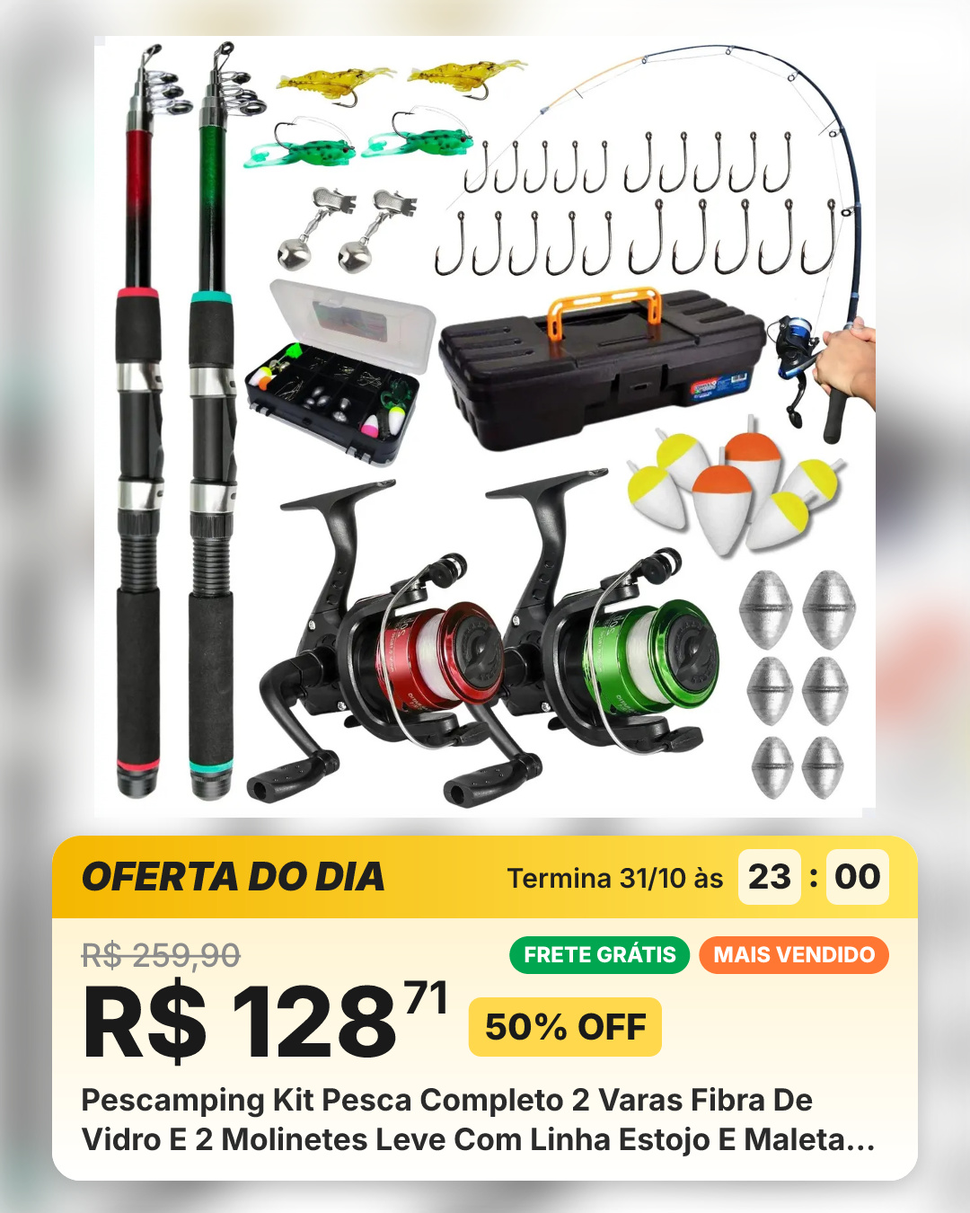 Pescamping Kit Pesca Completo 2 Varas Fibra De Vidro E 2 Molinetes Leve Com Linha Estojo E Maleta Com Acessórios - Tralha De Pescaria Sortida