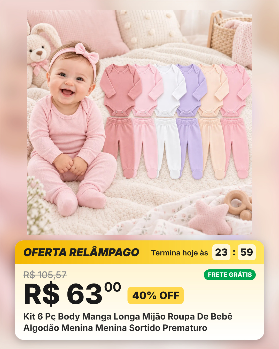 Kit 6 Pç Body Manga Longa Mijão Roupa De Bebê Algodão Menina Menina Sortido Prematuro