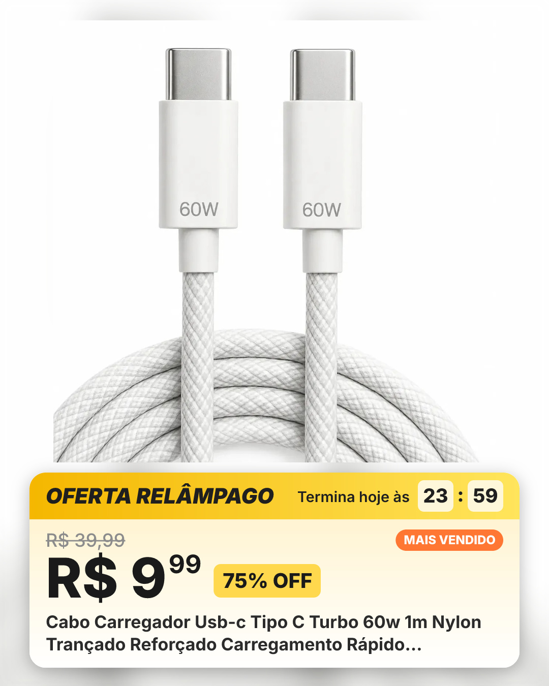 Cabo Carregador Usb-c Tipo C Turbo 60w 1m Nylon Trançado Reforçado Carregamento Rápido Transferência De Dados Compatível Com iPhone 15 16 17 18 Android Xiaomi Universal Premium Eletric Teck Branco
