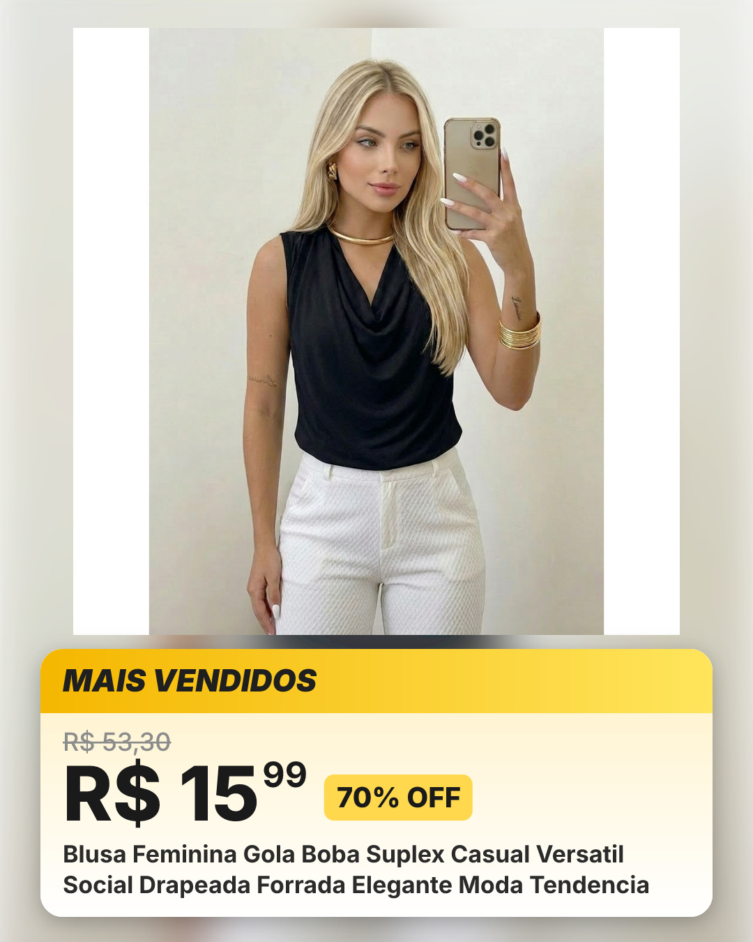 Blusa Feminina Gola Boba Suplex Casual Versatil Social Drapeada Forrada Elegante Moda Tendencia