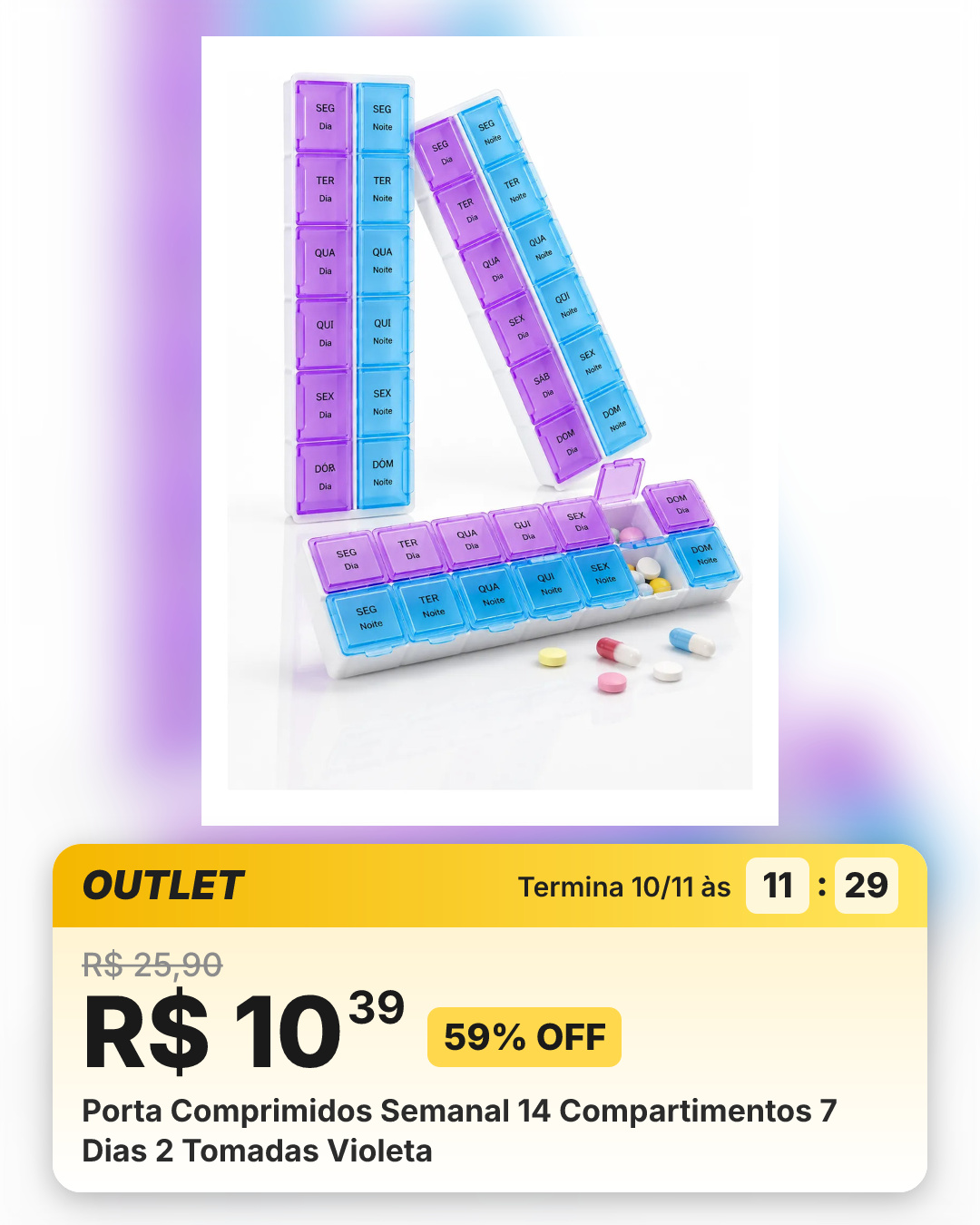 Porta Comprimidos Semanal 14 Compartimentos 7 Dias 2 Tomadas Violeta