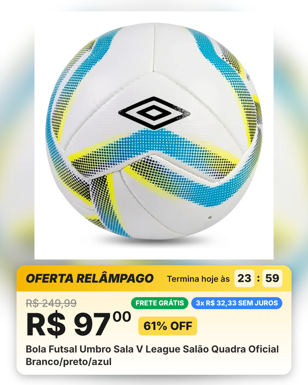 Bola Futsal Umbro Sala V League Salão Quadra Oficial Branco/preto/azul