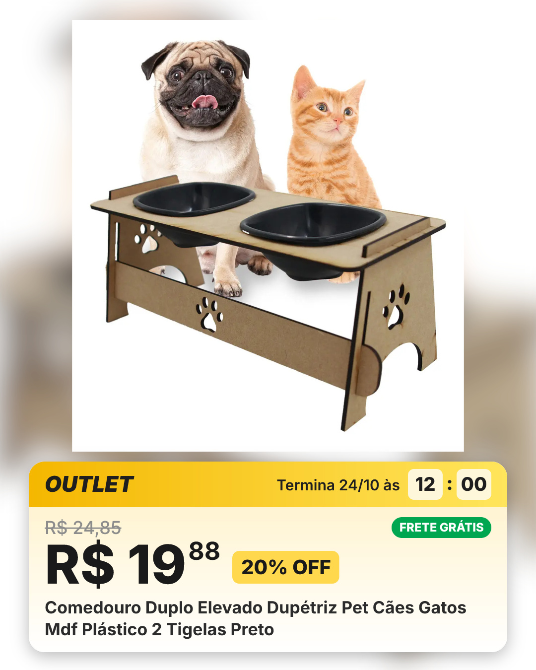 Comedouro Duplo Elevado Dupétriz Pet Cães Gatos Mdf Plástico 2 Tigelas Preto