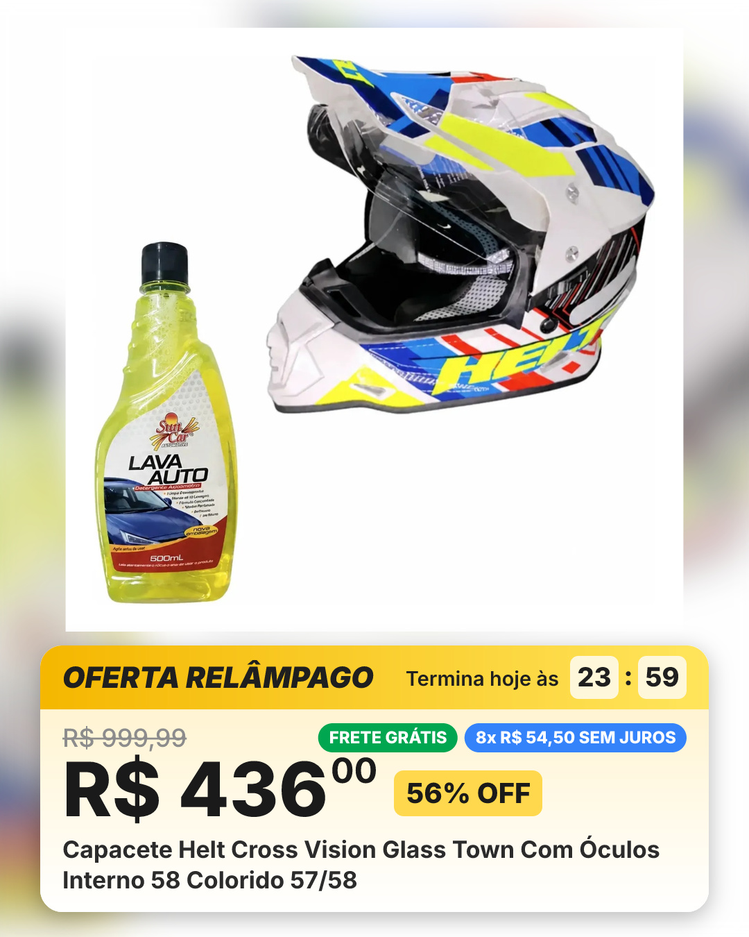 Capacete Helt Cross Vision Glass Town Com Óculos Interno 58 Colorido 57/58