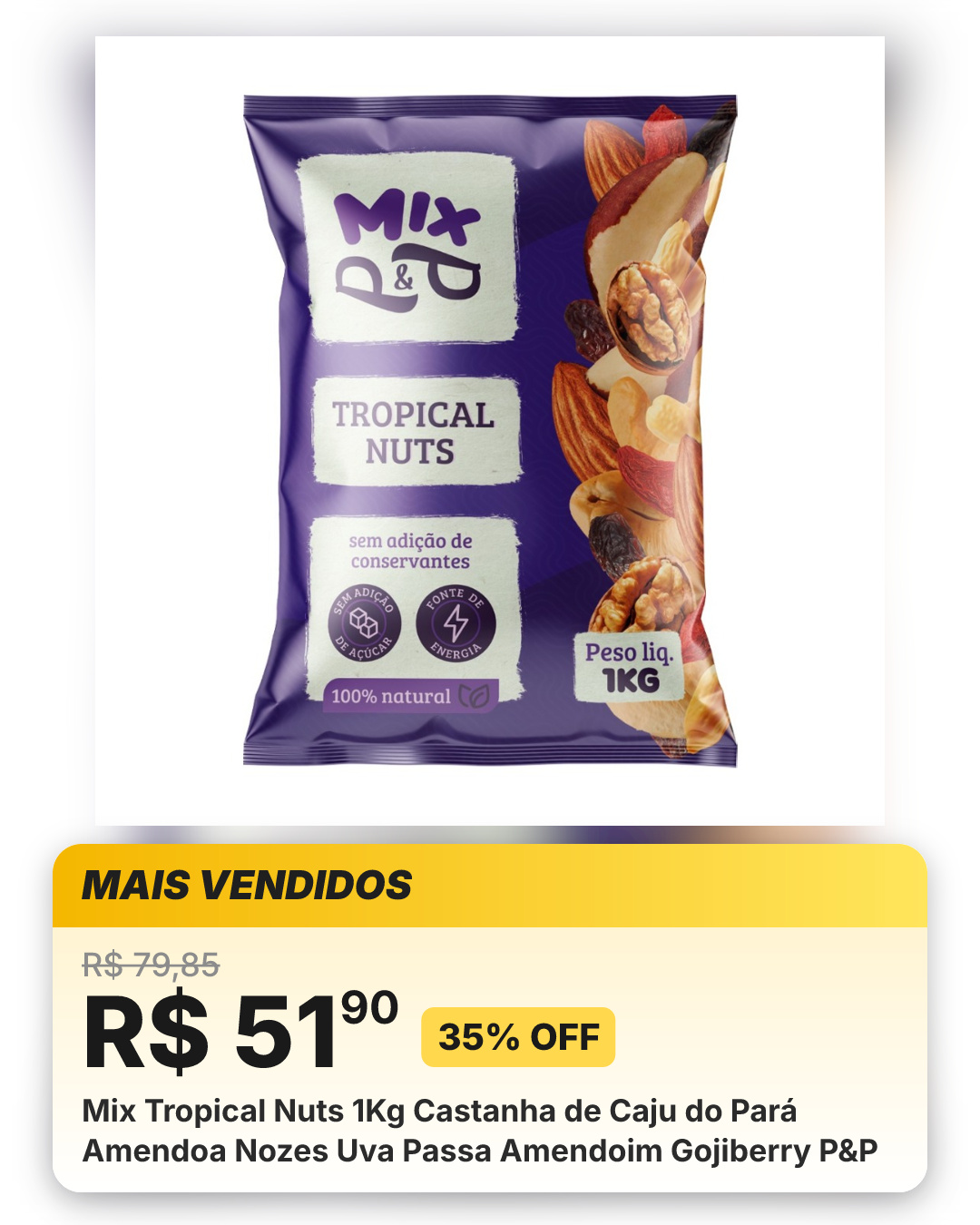 Mix Tropical Nuts 1Kg Castanha de Caju do Pará Amendoa Nozes Uva Passa Amendoim Gojiberry P&P