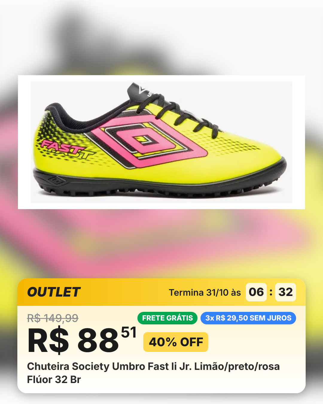 Chuteira Society Umbro Fast Ii Jr. Limão/preto/rosa Flúor 32 Br