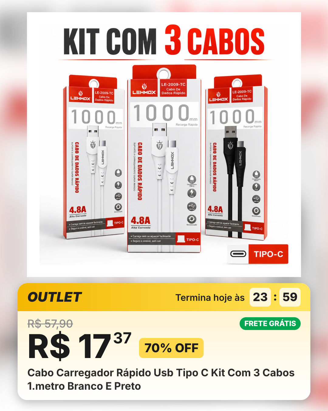 Cabo Carregador Rápido Usb Tipo C Kit Com 3 Cabos 1.metro Branco E Preto