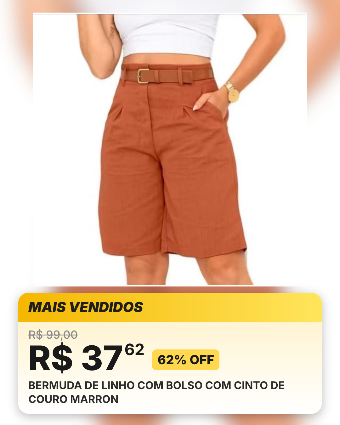 BERMUDA DE LINHO COM BOLSO COM CINTO DE COURO MARRON